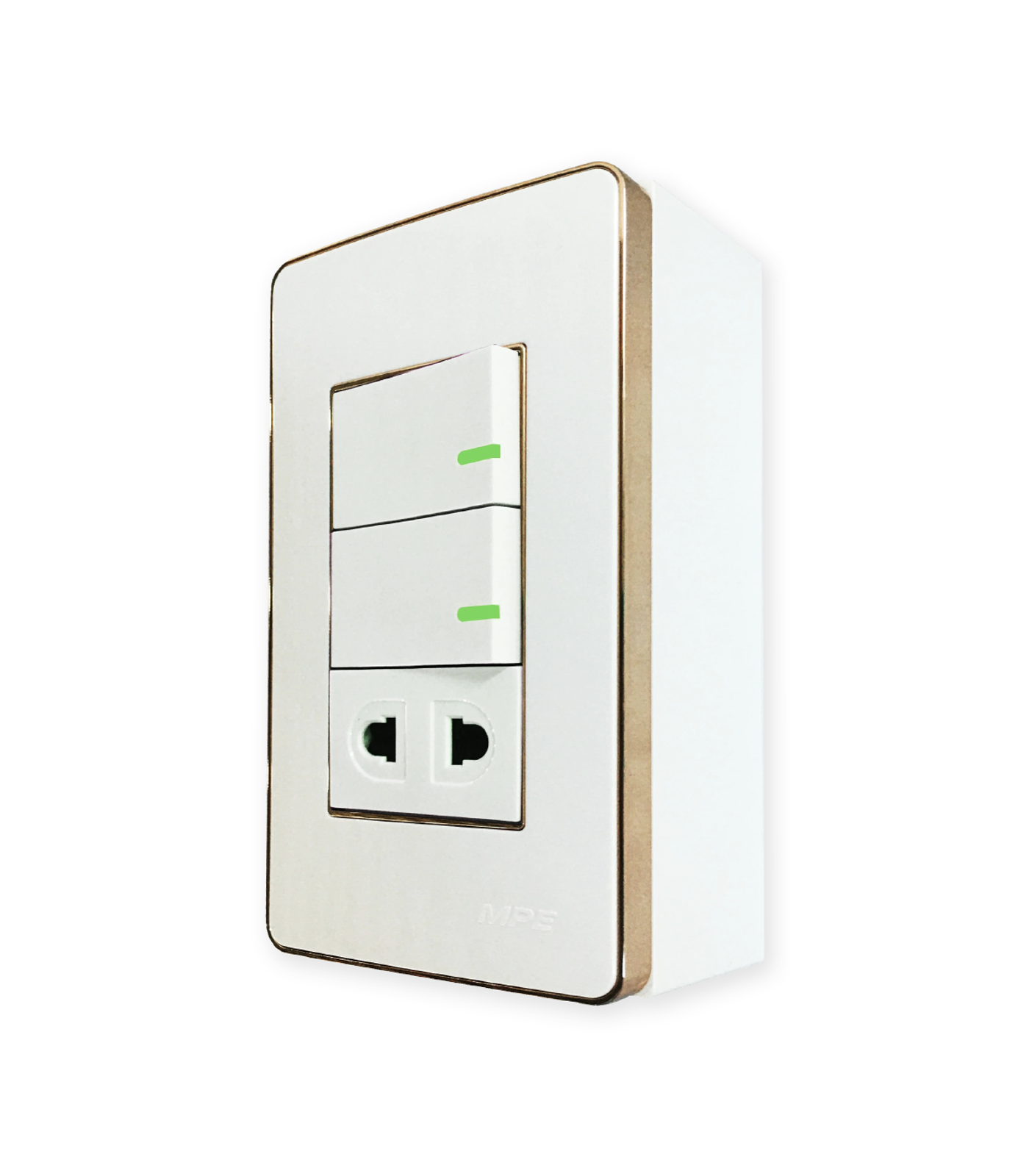 A60B11U2GV-0-78 Bộ công tắc ổ cắm đơn viền vàng 2 công tắc 1 ổ cắm 2 chấu và đế nổi đơn mã A60B11U2GV (Vặn vít A60B11U2GV MPE