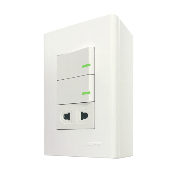 Bộ công tắc ổ cắm đơn 2 công tắc 1 ổ cắm 2 chấu và đế nổi đơn mã A60B11U2V (Vặn vít A60B11U2V MPE