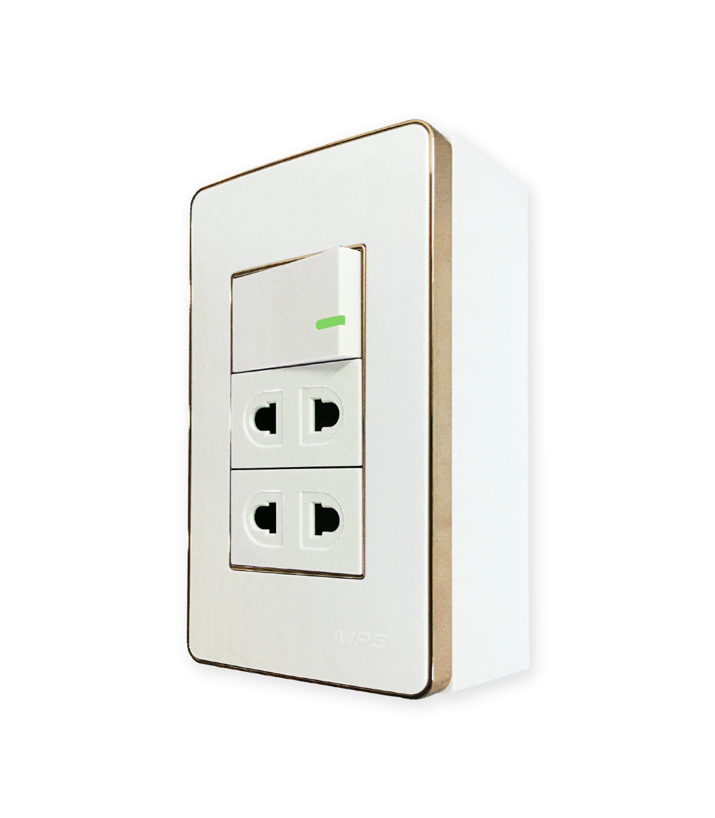 A60B12U1GV-0-78 Bộ công tắc ổ cắm đơn viền vàng 1 công tắc 2 ổ cắm 2 chấu và đế nổi đơn mã A60B12U1GV (Vặn vít A60B12U1GV MPE