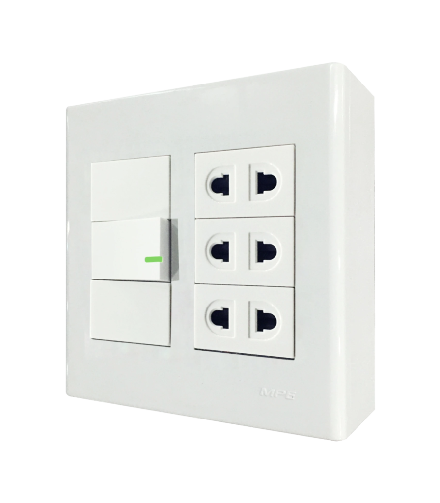 Bộ công tắc ổ cắm đôi 3 ổ cắm 2 chấu 1 công tắc và đế nổi đôi mã A60B23U1V (Vặn vít A60B23U1V MPE