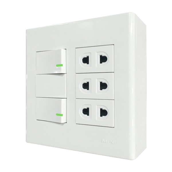 Bộ công tắc ổ cắm đôi 3 ổ cắm 2 chấu 2 công tắc và đế nổi đôi mã A60B23U2V (Vặn vít A60B23U2V MPE