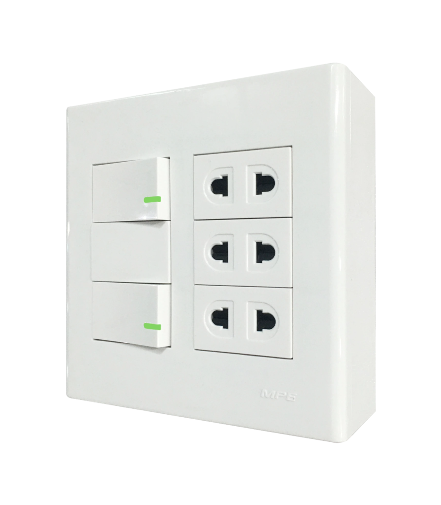 Bộ công tắc ổ cắm đôi 3 ổ cắm 2 chấu 2 công tắc và đế nổi đôi mã A60B23U2V (Vặn vít A60B23U2V MPE
