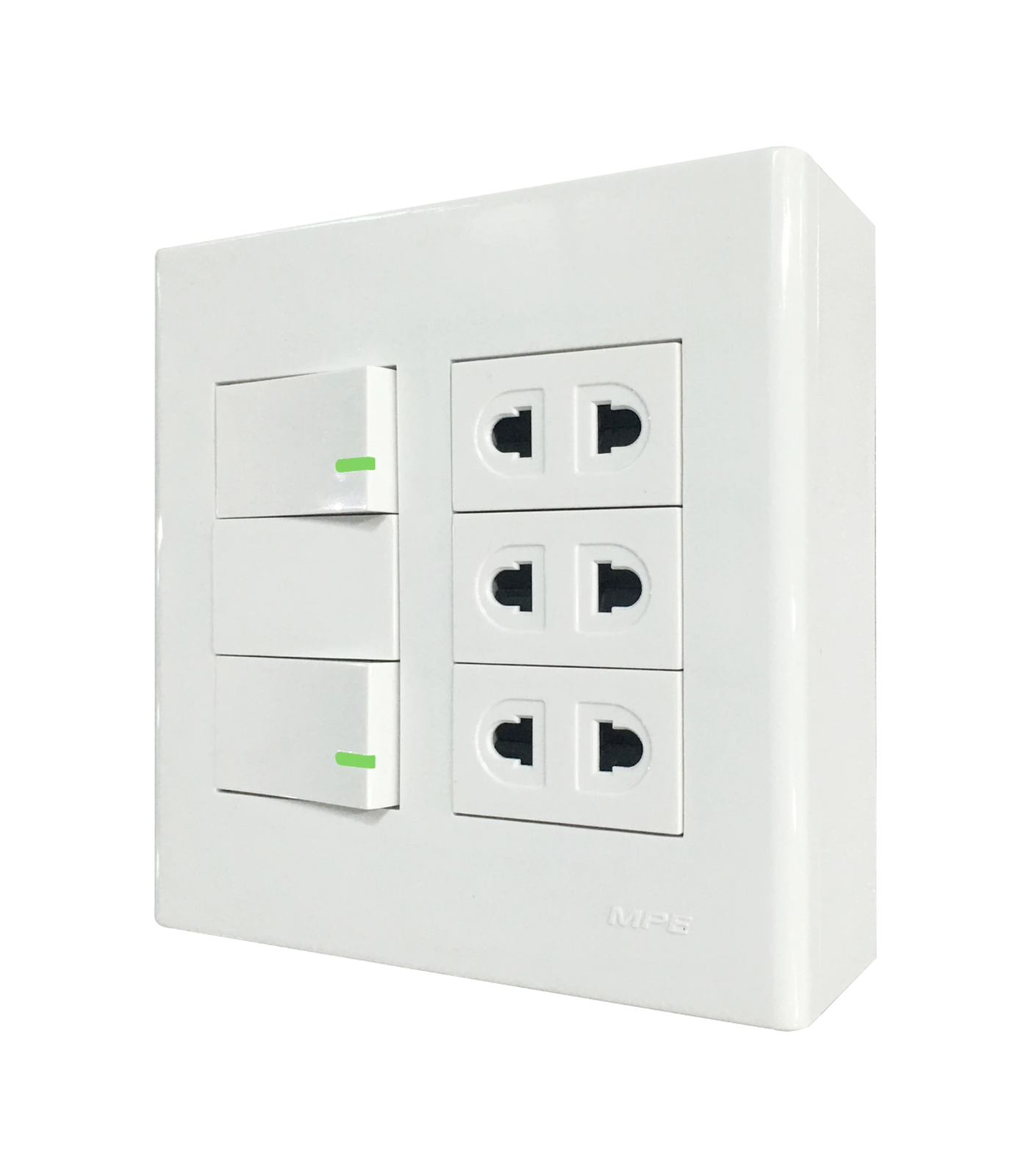 A60B23U2V-0-78 Bộ công tắc ổ cắm đôi 3 ổ cắm 2 chấu 2 công tắc và đế nổi đôi mã A60B23U2V (Vặn vít A60B23U2V MPE