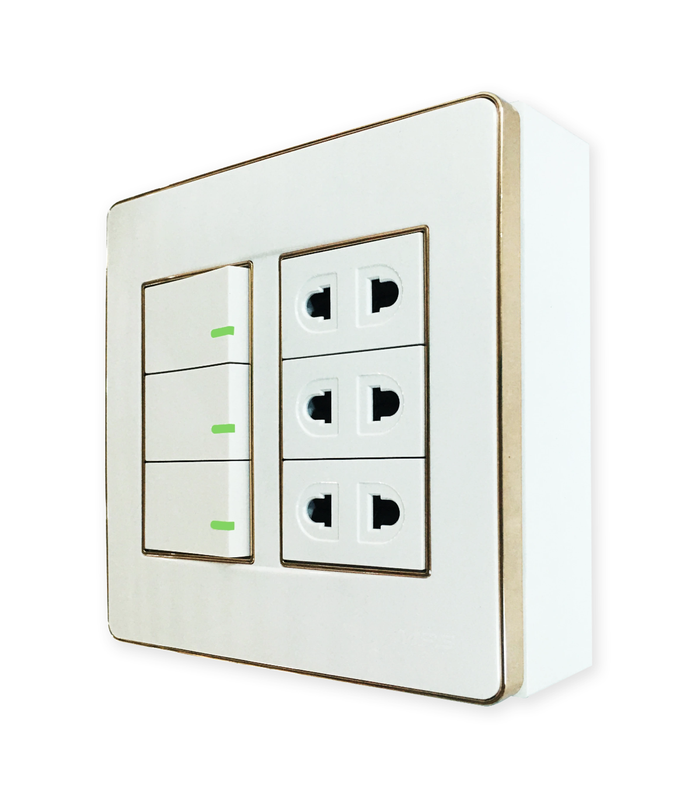 A60B23U3GV-0-78 Bộ công tắc ổ cắm đôi viền vàng 3 công tắc 3 ổ cắm 2 chấu và đế nổi đôi mã A60B23U3GV (Vặn vít A60B23U3GV MPE