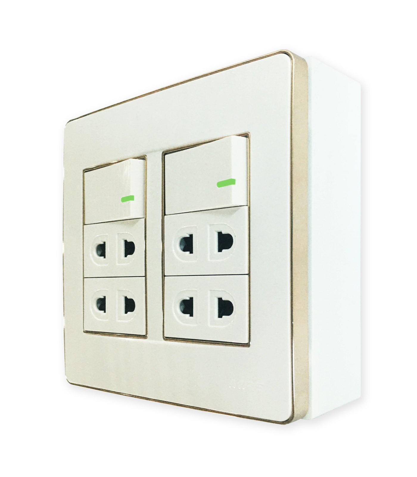 A60B24U2GV-0-78 Bộ công tắc ổ cắm đôi viền vàng 2 công tắc 4 ổ cắm 2 chấu và đế nổi đôi mã A60B24U2GV (Vặn vít A60B24U2GV MPE
