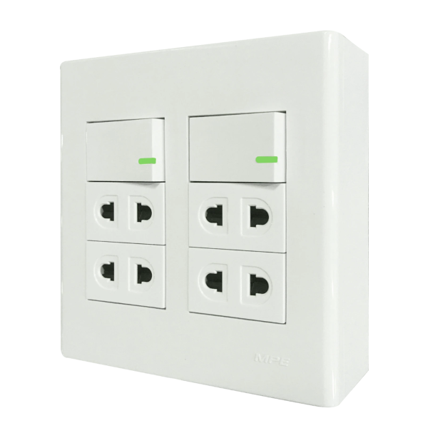 Bộ công tắc ổ cắm đôi 4 ổ cắm 2 chấu 2 công tắc và đế nổi đôi mã A60B24U2V (Vặn vít A60B24U2V MPE