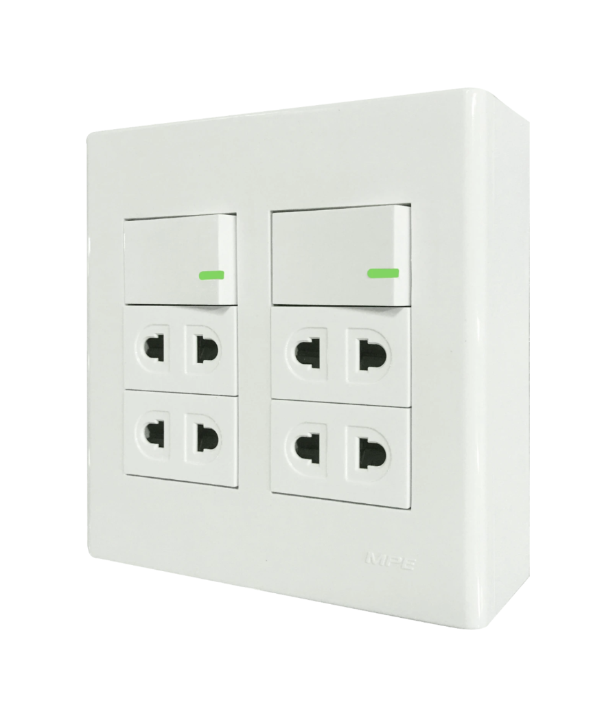 Bộ công tắc ổ cắm đôi 4 ổ cắm 2 chấu 2 công tắc và đế nổi đôi mã A60B24U2V (Vặn vít A60B24U2V MPE