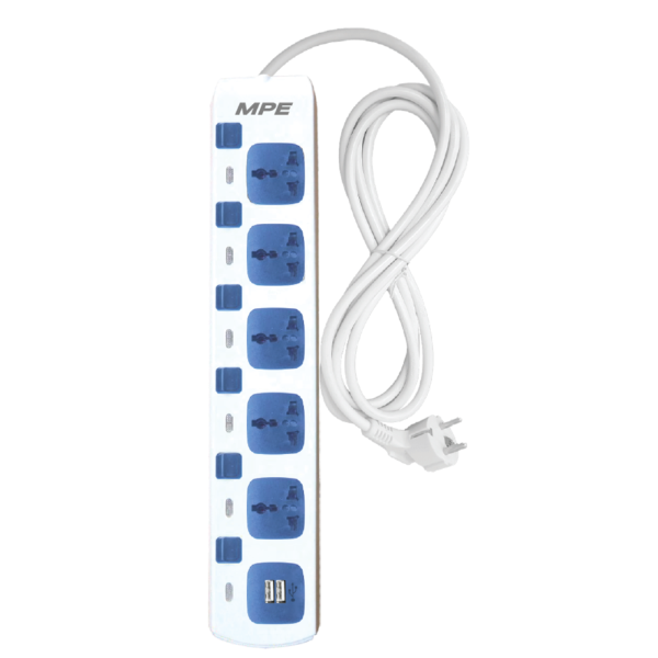 Ổ cắm di động 5 ổ cắm đa năng, Tích hợp 2 cổng sạc USB mã AM5S-2USB AM5S-2USB MPE