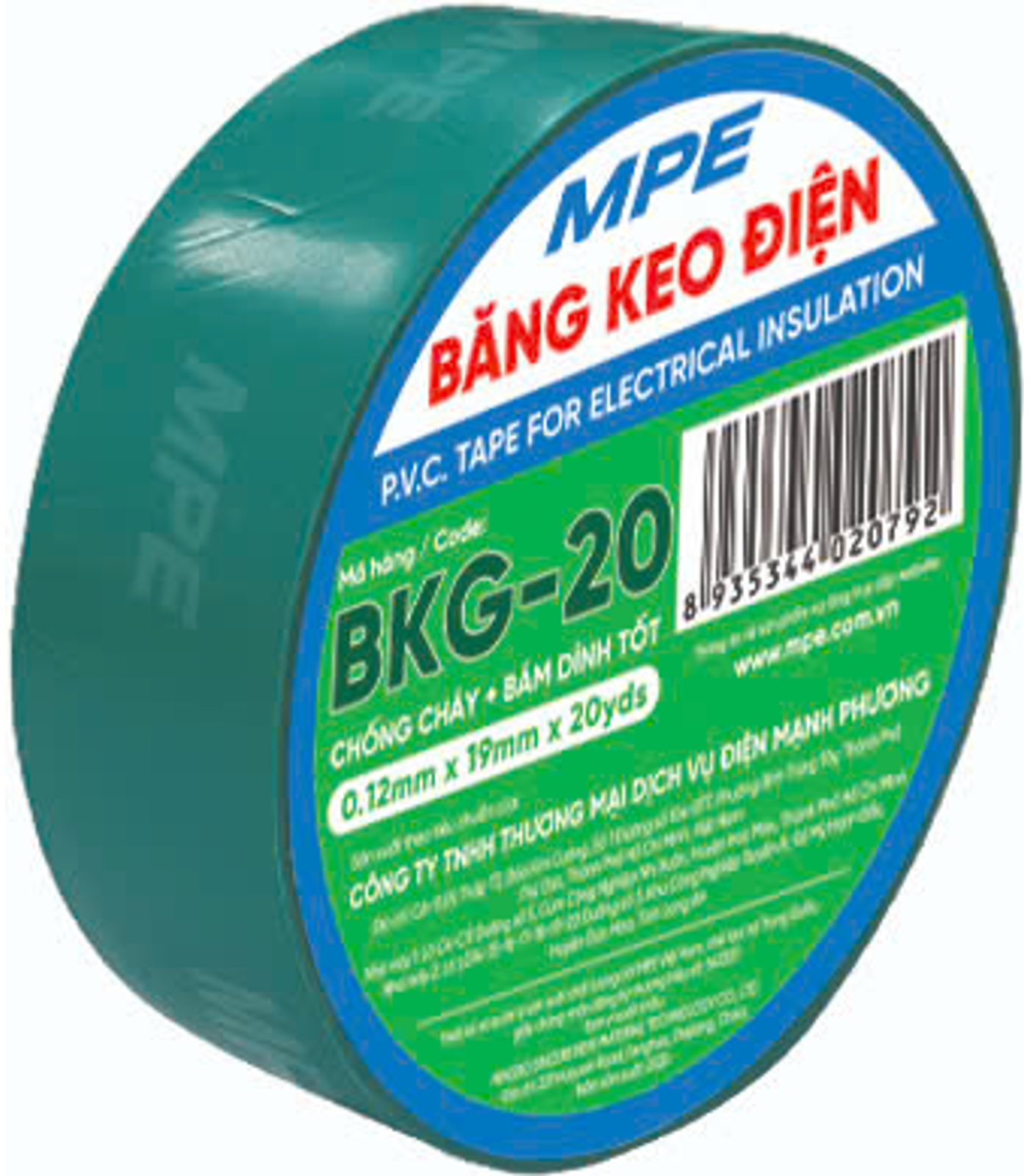 BKG-20-0-78 Băng keo điện màu xanh lá (chất liệu PVC BKG-20 MPE