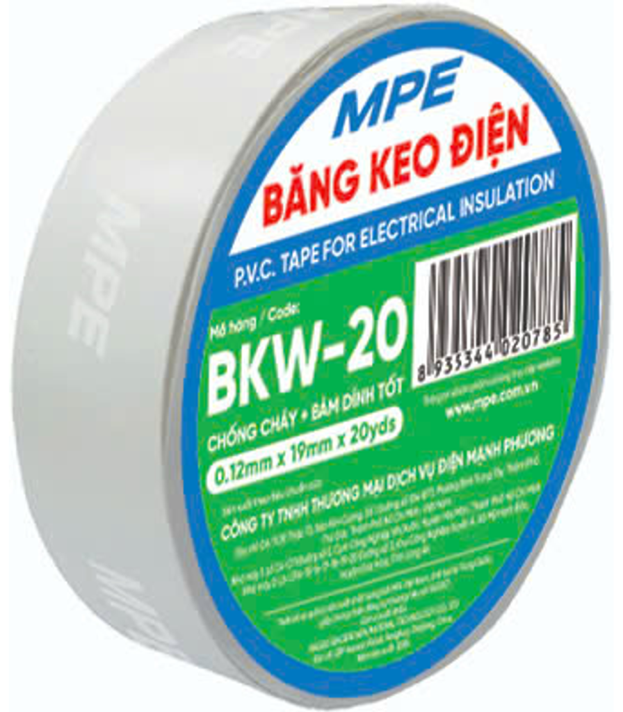 Băng keo điện màu trắng (chất liệu PVC BKW-20 MPE