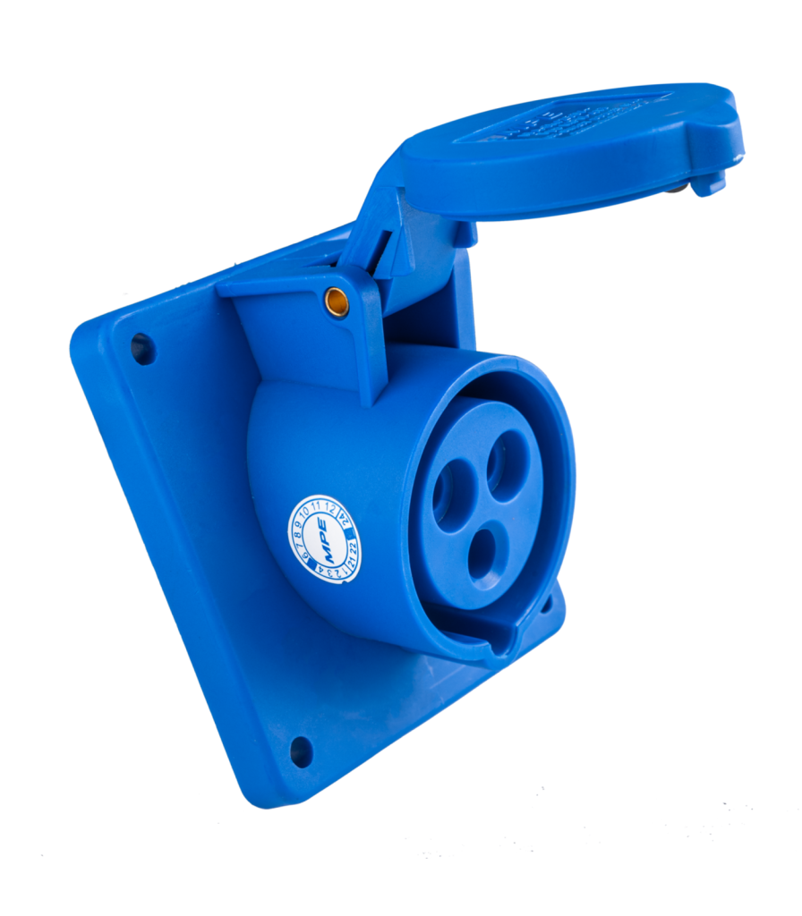 Ổ cắm loại cố định bắt trên bảng điện xéo 3 cực, 16A, IP44 mã MPN-413 MPN-413 MPE