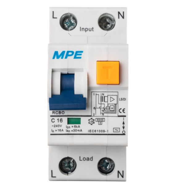Cầu dao bảo vệ dòng rò, quá tải và ngắn mạch RCBO 2 cực, 16A, 15mA, 6kA mã RCBO-15/216 RCBO-15/216 MPE