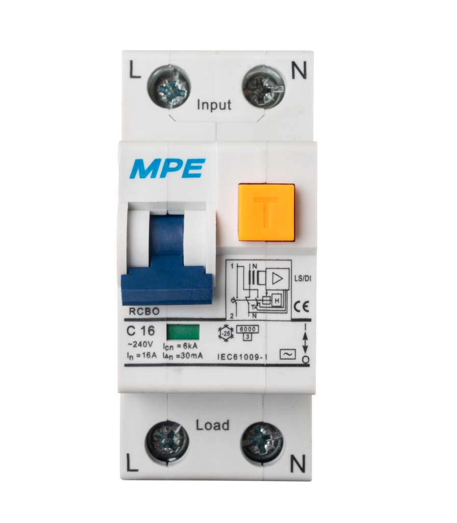 Cầu dao bảo vệ dòng rò, quá tải và ngắn mạch RCBO 2 cực, 16A, 15mA, 6kA mã RCBO-15/216 RCBO-15/216 MPE