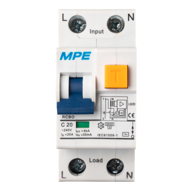 Cầu dao bảo vệ dòng rò, quá tải và ngắn mạch RCBO 2 cực, 20A, 30mA, 6kA mã RCBO-30/220 RCBO-30/220 MPE