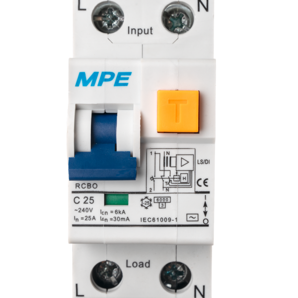 Cầu dao bảo vệ dòng rò, quá tải và ngắn mạch RCBO 2 cực, 25A, 30mA, 6kA mã RCBO-30/225 RCBO-30/225 MPE