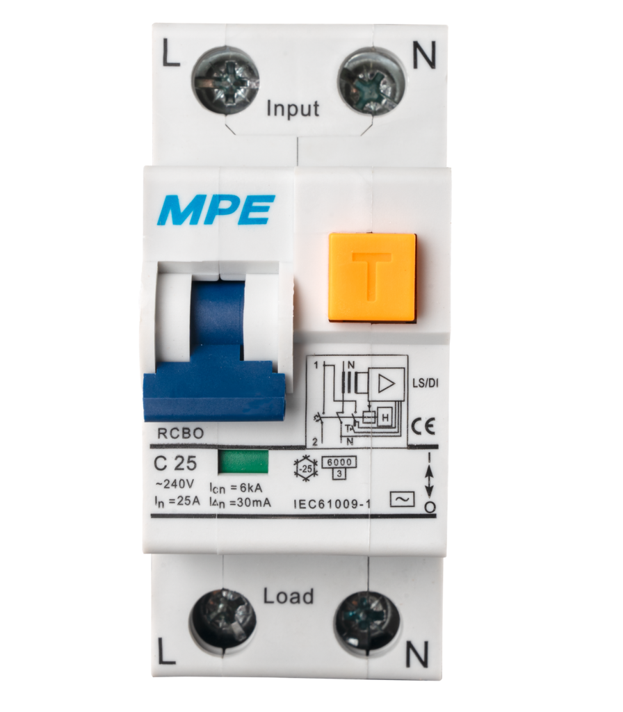 Cầu dao bảo vệ dòng rò, quá tải và ngắn mạch RCBO 2 cực, 25A, 30mA, 6kA mã RCBO-30/225 RCBO-30/225 MPE
