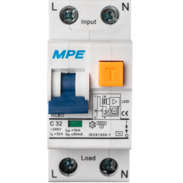 Cầu dao bảo vệ dòng rò, quá tải và ngắn mạch RCBO 2 cực, 32A, 30mA, 6kA mã RCBO-30/232 RCBO-30/232 MPE