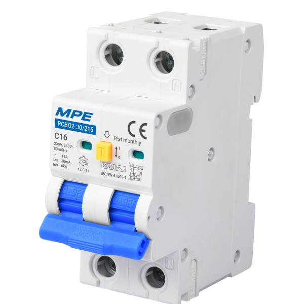 Cầu dao bảo vệ dòng rò, quá tải và ngắn mạch RCBO2, 2 cực, 16A, 30mA, 6kA mã RCBO2-30/216 RCBO2-30/216 MPE