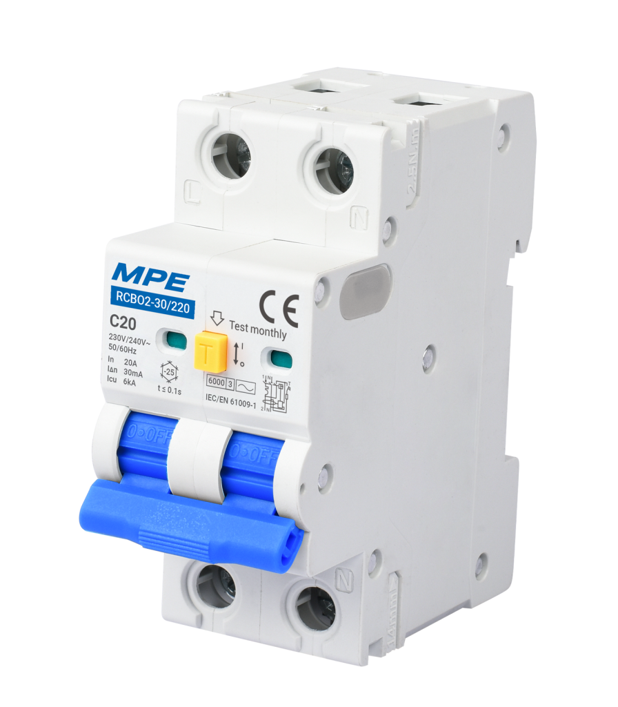 Cầu dao bảo vệ dòng rò, quá tải và ngắn mạch RCBO2 2 cực, 20A, 30mA, 6kA mã RCBO2-30/220 RCBO2-30/220 MPE