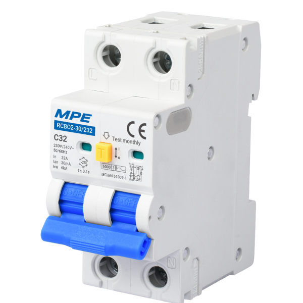 Cầu dao bảo vệ dòng rò, quá tải và ngắn mạch RCBO2, 2 cực, 32A, 30mA, 6kA mã RCBO2-30/232 RCBO2-30/232 MPE