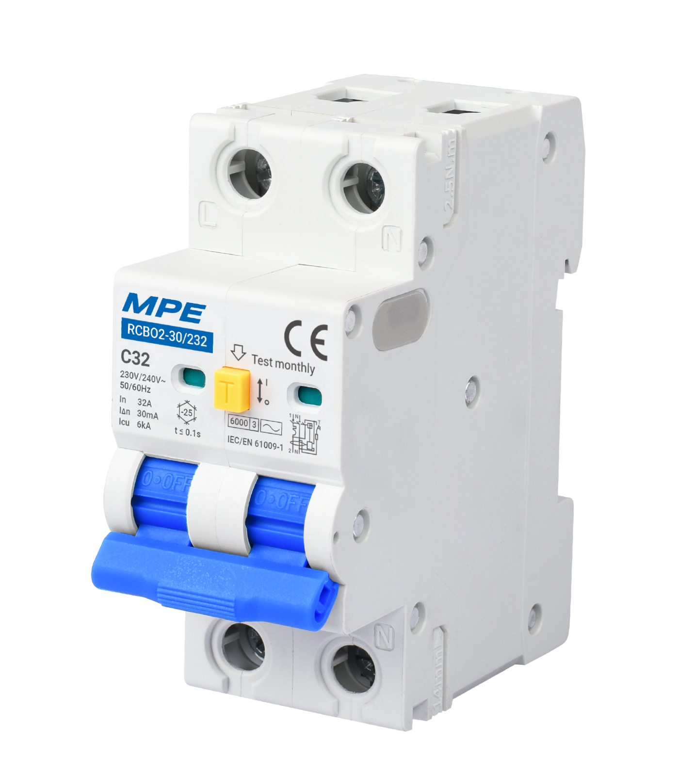 RCBO2-30-232-0-78 Cầu dao bảo vệ dòng rò, quá tải và ngắn mạch RCBO2, 2 cực, 32A, 30mA, 6kA mã RCBO2-30/232 RCBO2-30/232 MPE