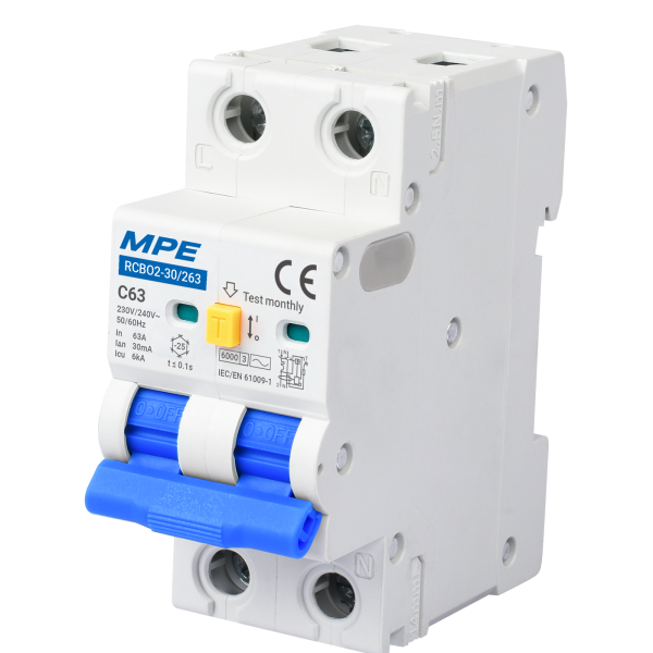 Cầu dao bảo vệ dòng rò, quá tải và ngắn mạch RCBO2, 2 cực, 63A, 30mA, 6kA mã RCBO2-30/263 RCBO2-30/263 MPE