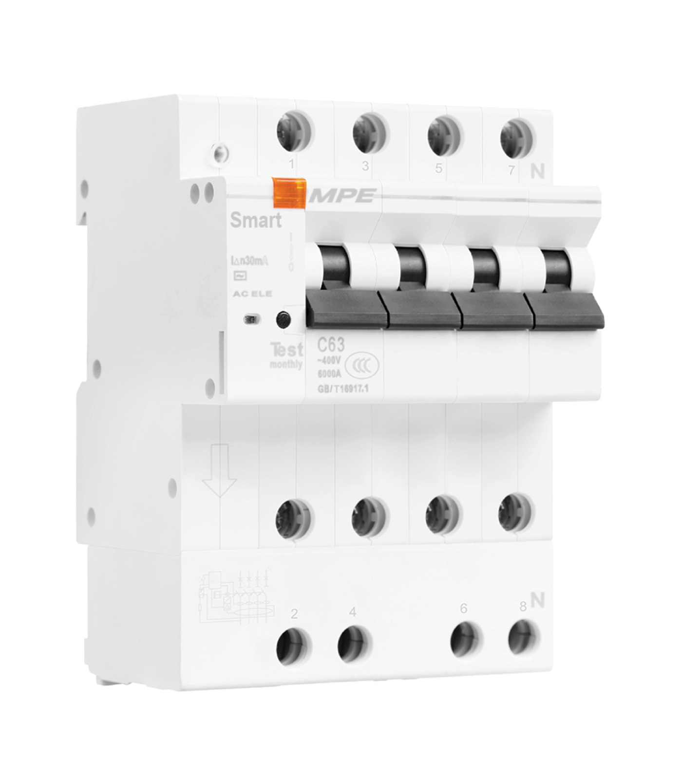 RCBOS-463-30-0-78 Cầu dao bảo vệ dòng rò, quá tải thông minh RCBOS 4 cực, 63A, 30mA, 6kA mã RCBOS-463/30 RCBOS-463/30 MPE