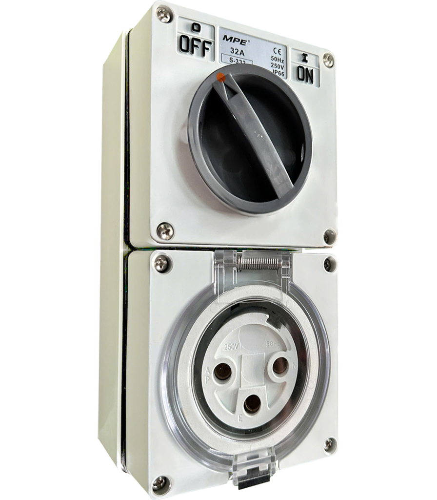 Ổ cắm kết hợp công tắc 3 cực IP66, 32A, 250V mã S-332 S-332 MPE