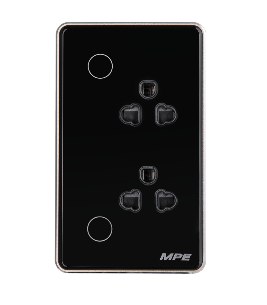 Mặt ổ cắm đôi 3 chấu màu đen viền vàng, điều khiển Wifi SOB2/SC SOB2/SC MPE