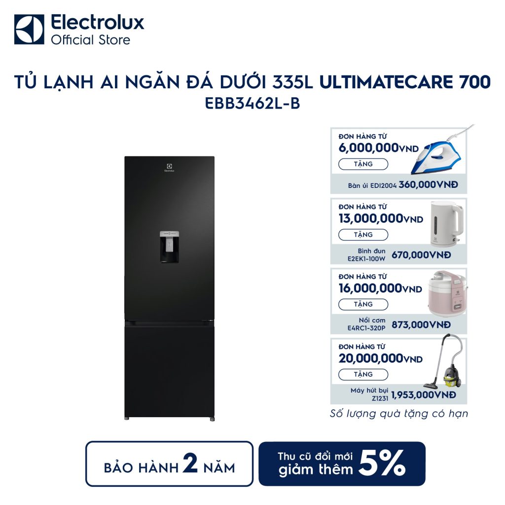 Tủ lạnh Electrolux AI ngăn đá dưới 335L Series 700 Làm đá tự động EBB3462L-B Electrolux