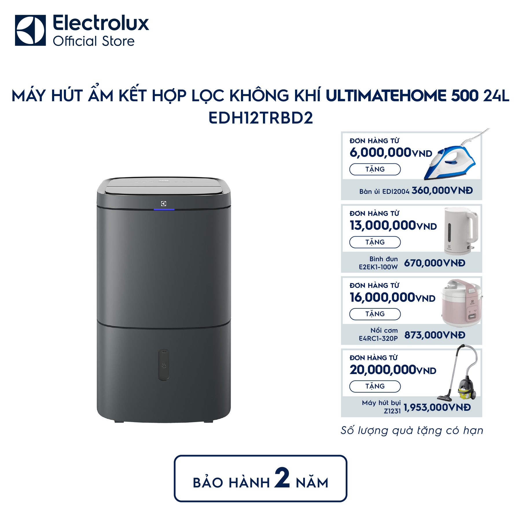 edh12trbd2-0 Máy hút ẩm kết hợp lọc không khí UltimateHome 500 24L cho phòng 50m² EDH12TRBD2 Electrolux