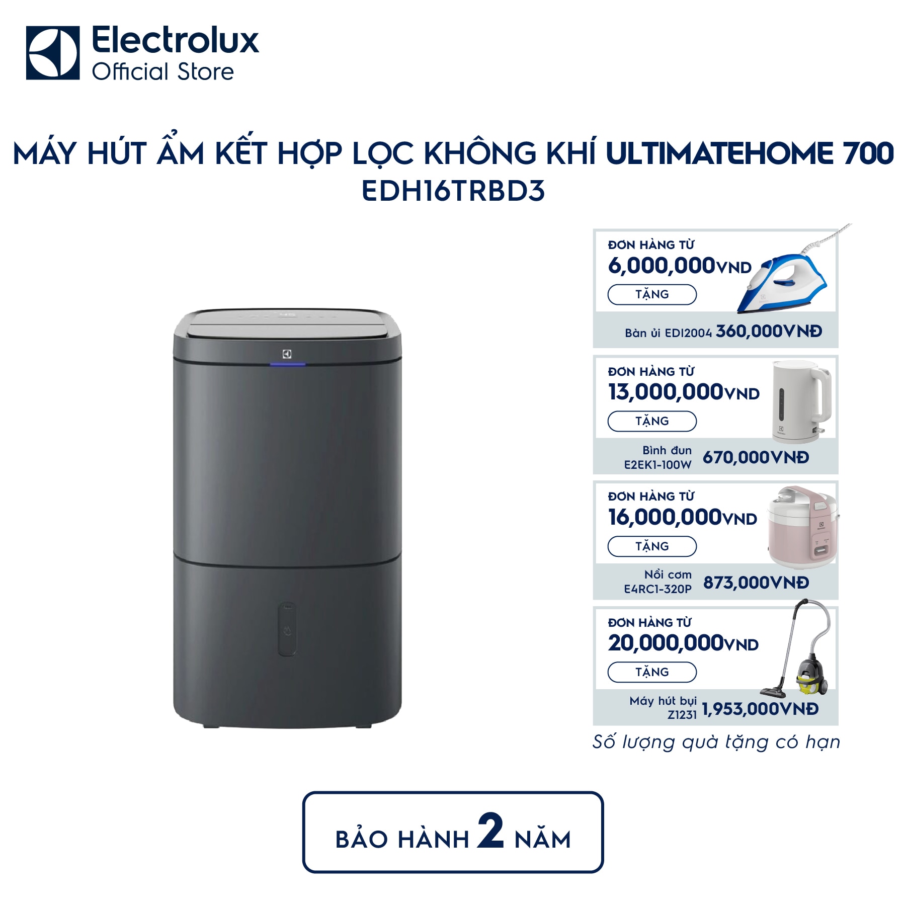 edh16trbd3-0 Máy hút ẩm kết hợp lọc không khí UltimateHome 700 28.5L cho phòng 66m² EDH16TRBD3 Electrolux