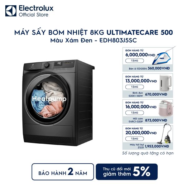 Máy sấy quần áo Electrolux bơm nhiệt 8kg UltimateCare 500 xám EDH803J5SC Electrolux