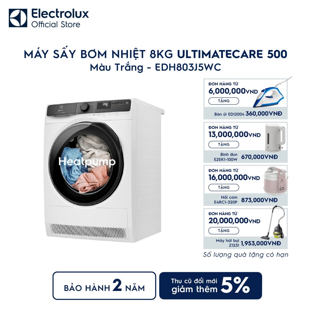 Máy sấy quần áo Electrolux bơm nhiệt 8kg UltimateCare 500 EDH803J5WC Electrolux