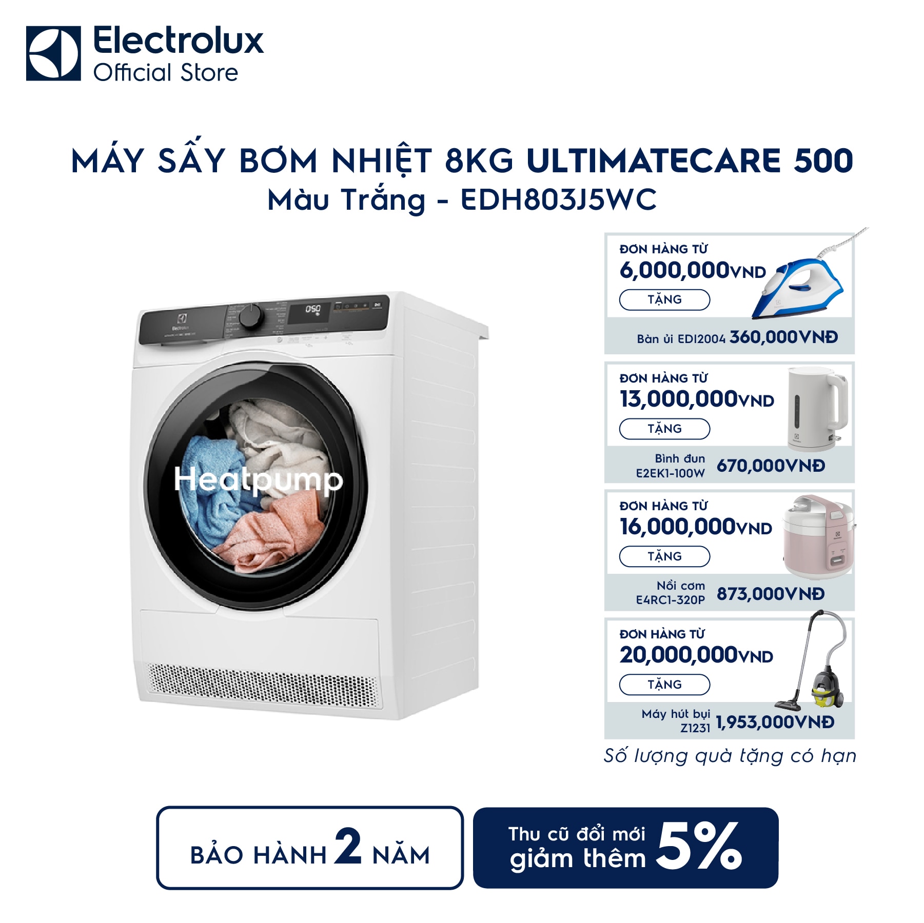 edh803j5wc-0 Máy sấy quần áo Electrolux bơm nhiệt 8kg UltimateCare 500 EDH803J5WC Electrolux