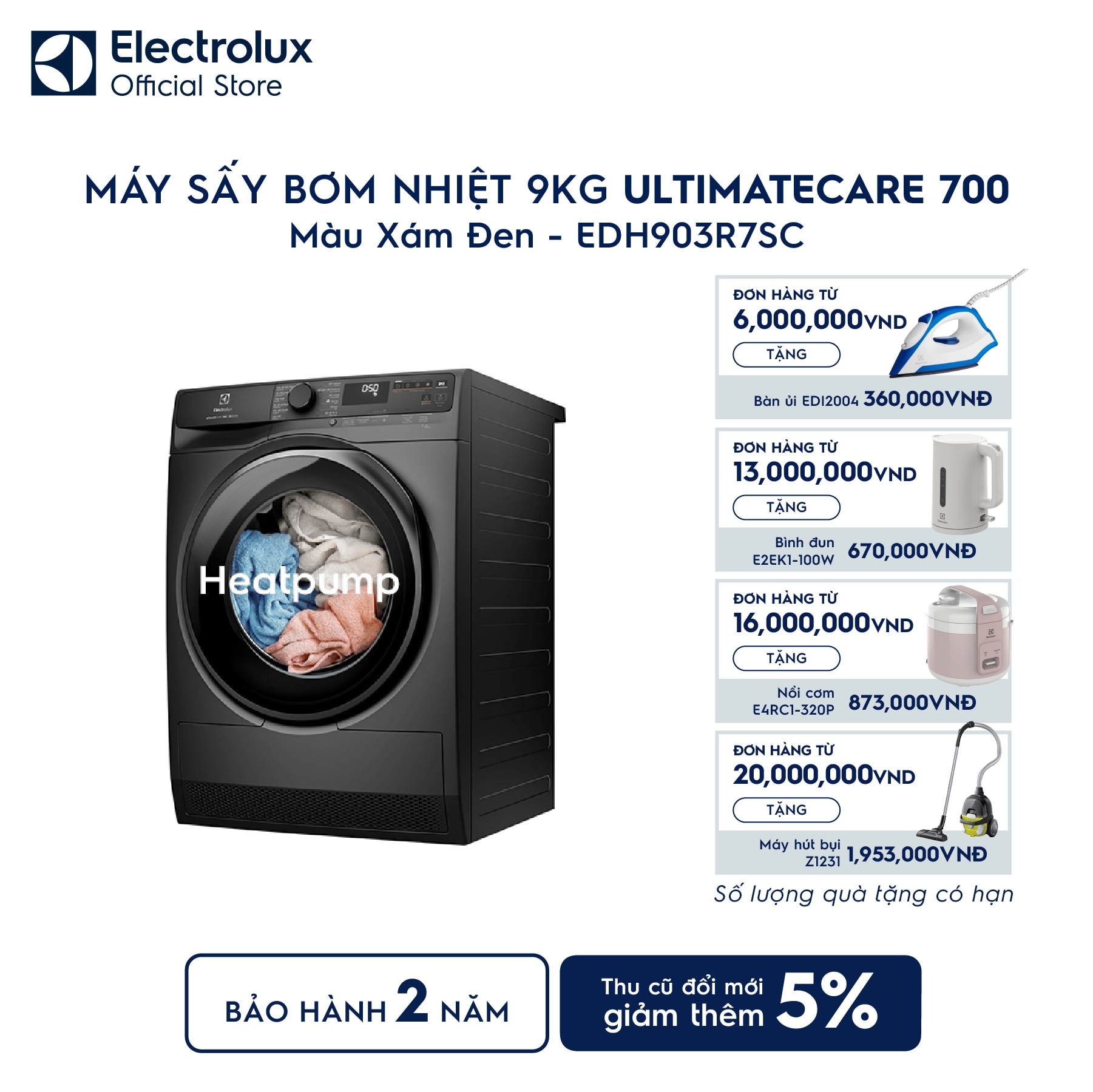 edh903r7sc-0 Máy sấy quần áo Electrolux bơm nhiệt 9kg UltimateCare 700 xám EDH903R7SC Electrolux
