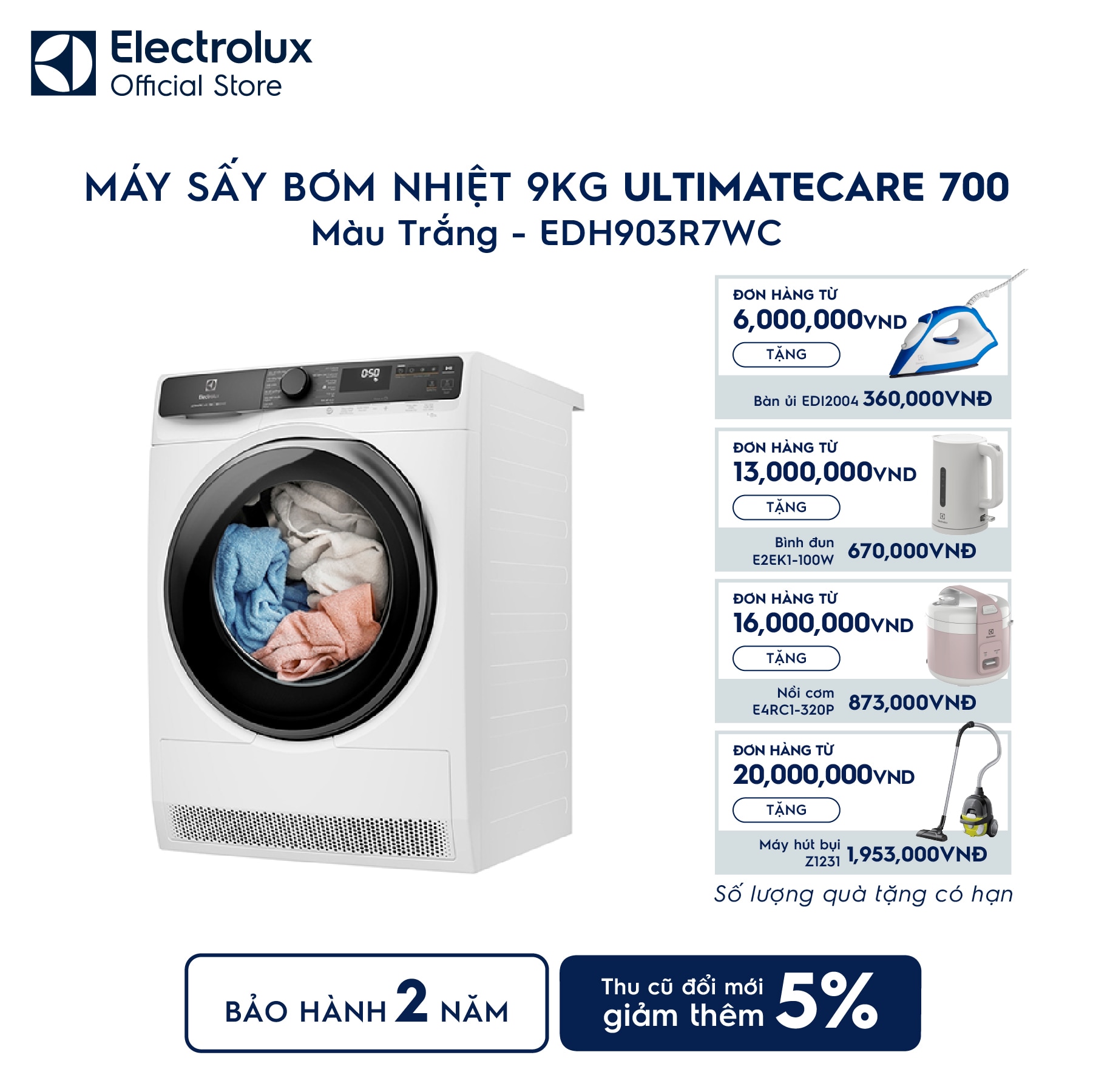 edh903r7wc-0 Máy sấy quần áo Electrolux bơm nhiệt 9kg UltimateCare 700 EDH903R7WC Electrolux