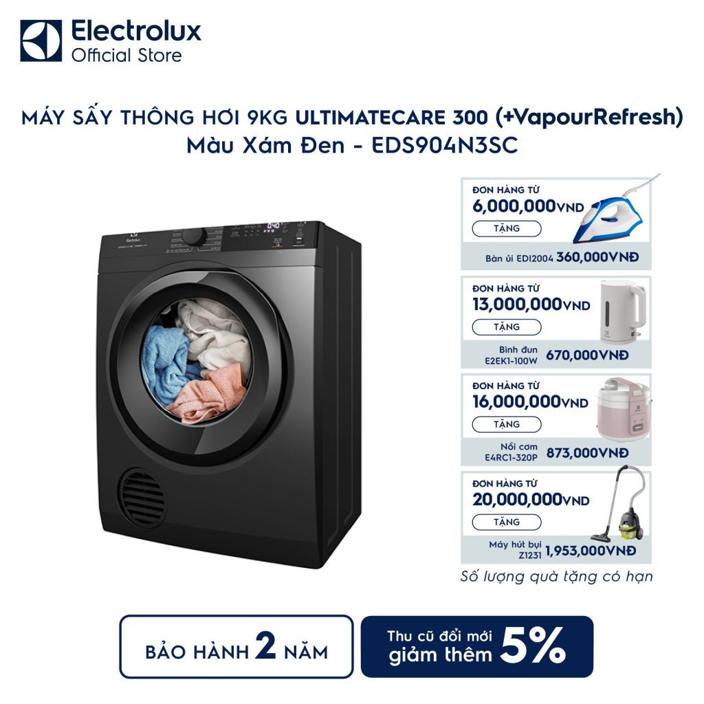 Máy sấy quần áo Electrolux thông hơi 9kg VapourRefresh xám EDS904N3SC Electrolux