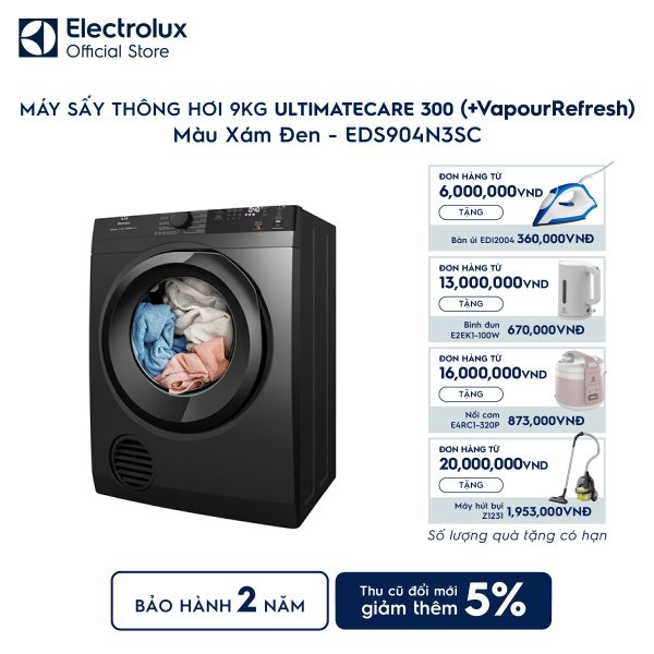Máy sấy quần áo Electrolux thông hơi 9kg VapourRefresh xám EDS904N3SC Electrolux