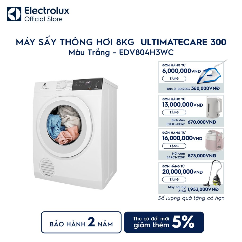 Máy sấy quần áo Electrolux thông hơi 8kg trắng EDV804H3WC Electrolux