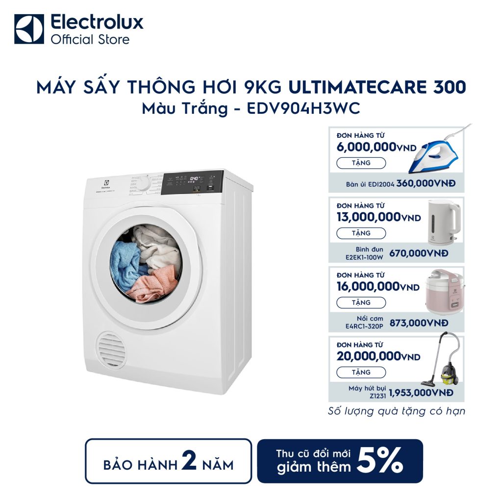 Máy sấy quần áo Electrolux thông hơi 9kg trắng EDV904H3WC Electrolux