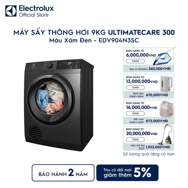 Máy sấy quần áo Electrolux thông hơi 9kg UltimateCare 300 xám EDV904N3SC Electrolux