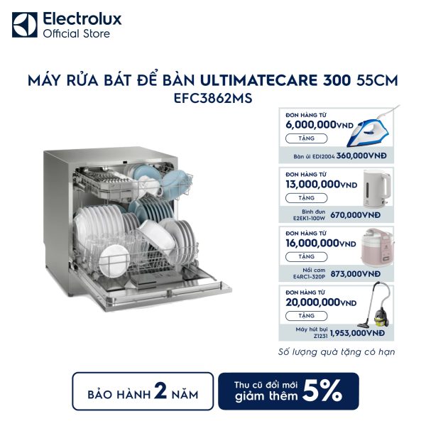 Máy rửa bát để bàn 8 bộ 55cm UltimateCare 300 - Bạc EFC3862MS Electrolux