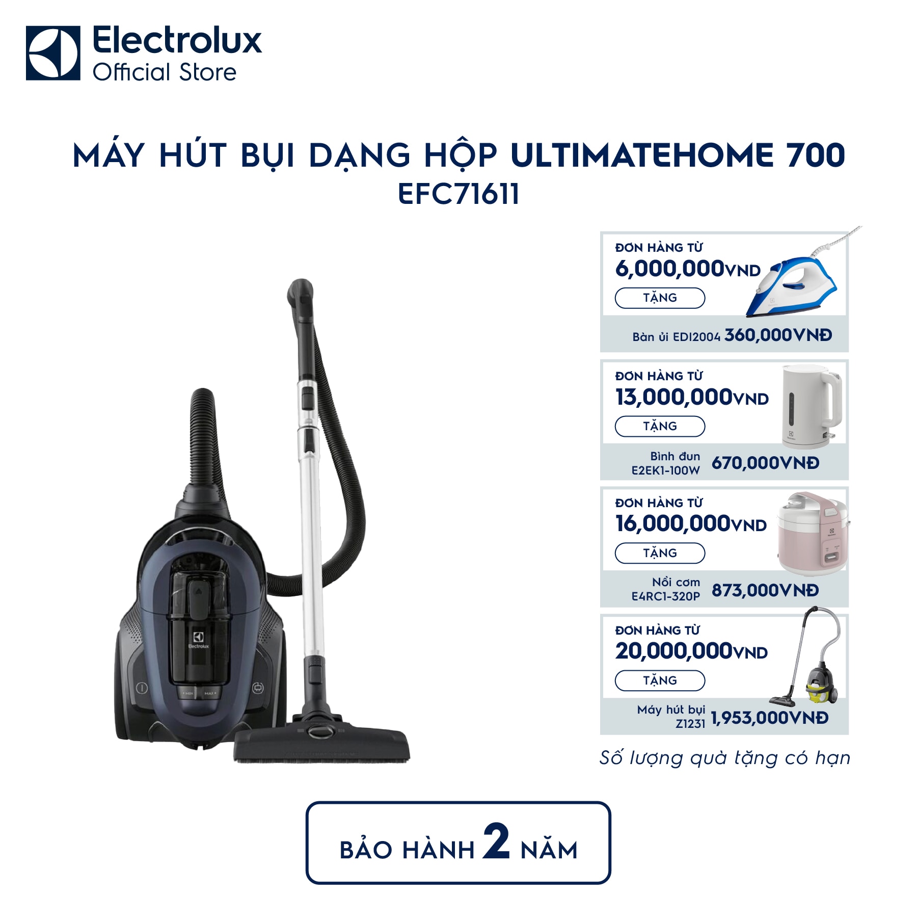 efc71611-0 Máy hút bụi dạng hộp không túi UltimateHome 700 2000W lọc bụi mịn - Xanh EFC71611 Electrolux