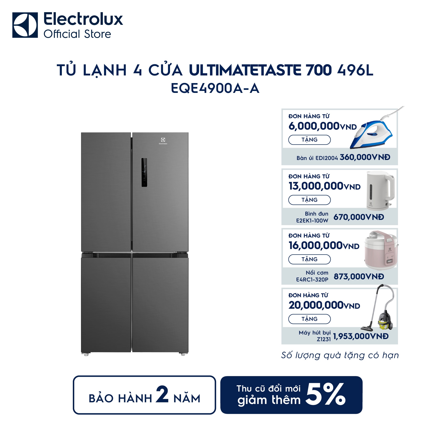 eqe4900a-a-0 Tủ lạnh Electrolux 4 cánh 496L UltimateTaste 700 Xám Arctic EQE4900A-A Electrolux