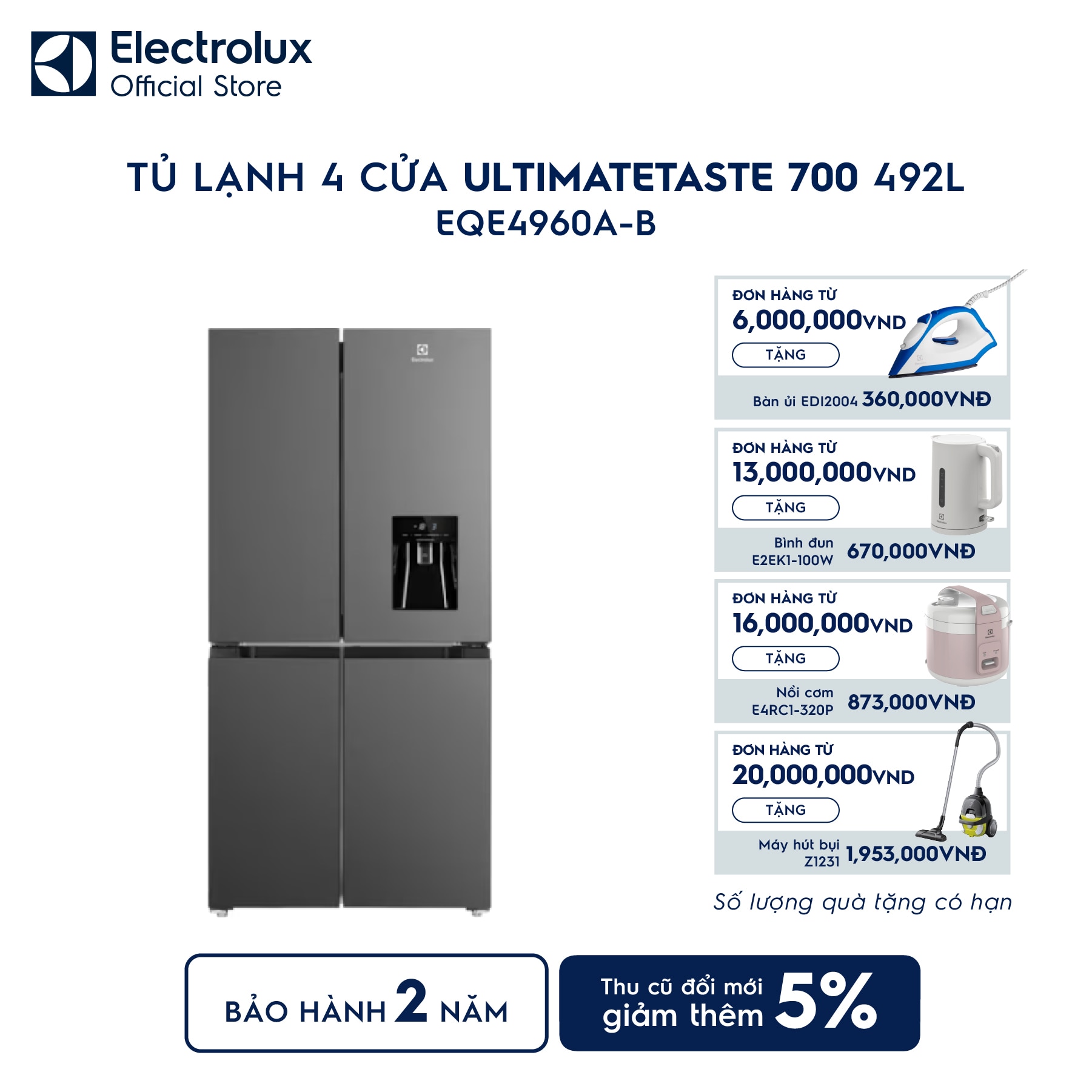eqe4960a-b-0 Tủ lạnh Electrolux 4 cánh 492L UltimateTaste 700 Đen nhám EQE4960A-B Electrolux