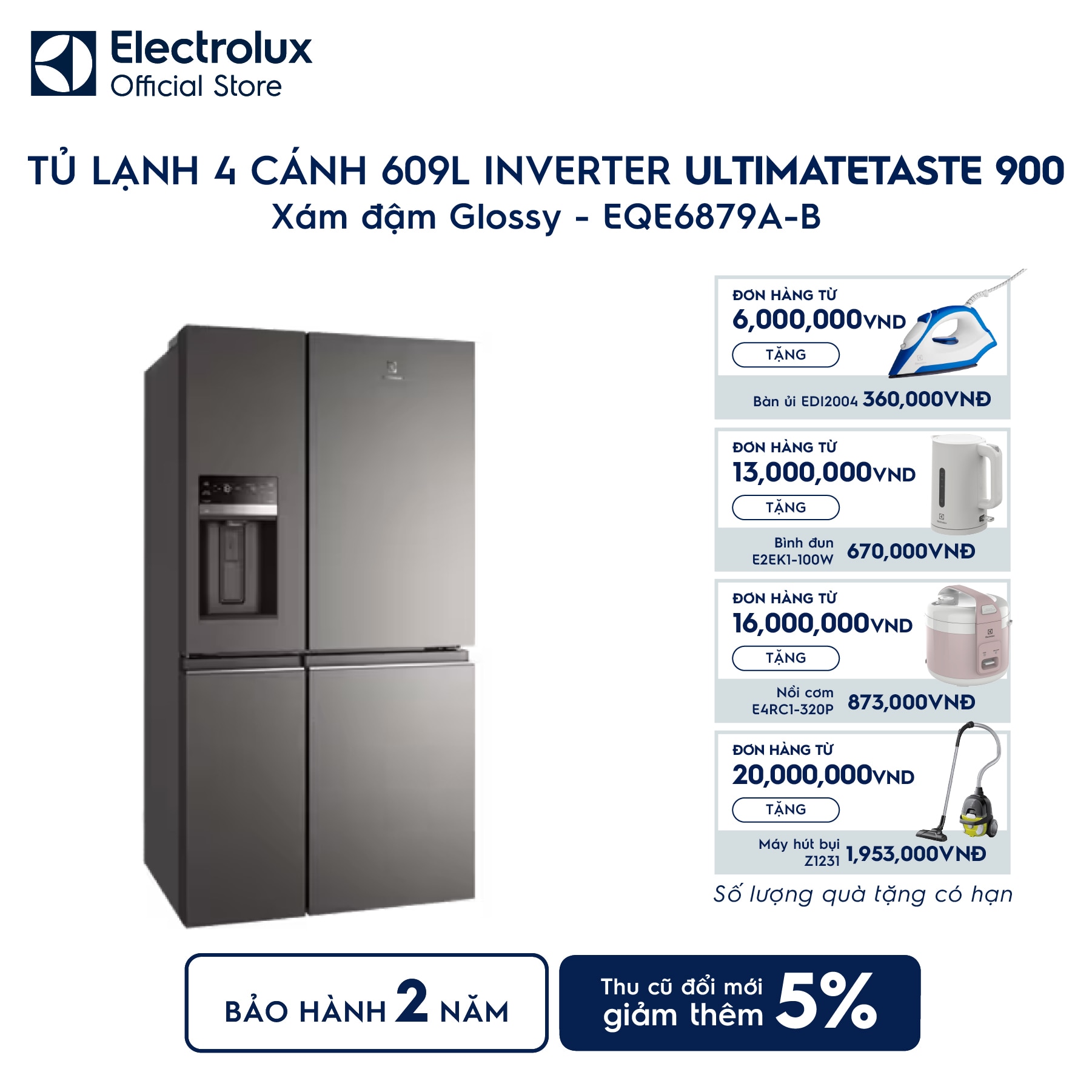 eqe6879a-b-0 Tủ lạnh Electrolux 4 cánh 609L UltimateTaste 900 Xám đậm EQE6879A-B Electrolux