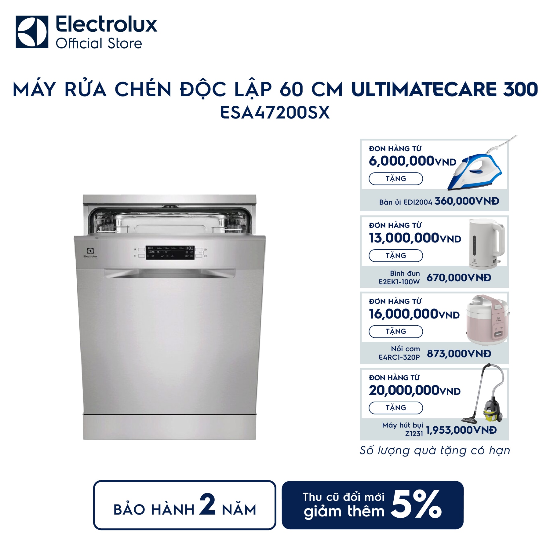 esa47200sx-0 Máy rửa bát độc lập 13 bộ 60cm UltimateCare 300 - Bạc ESA47200SX Electrolux