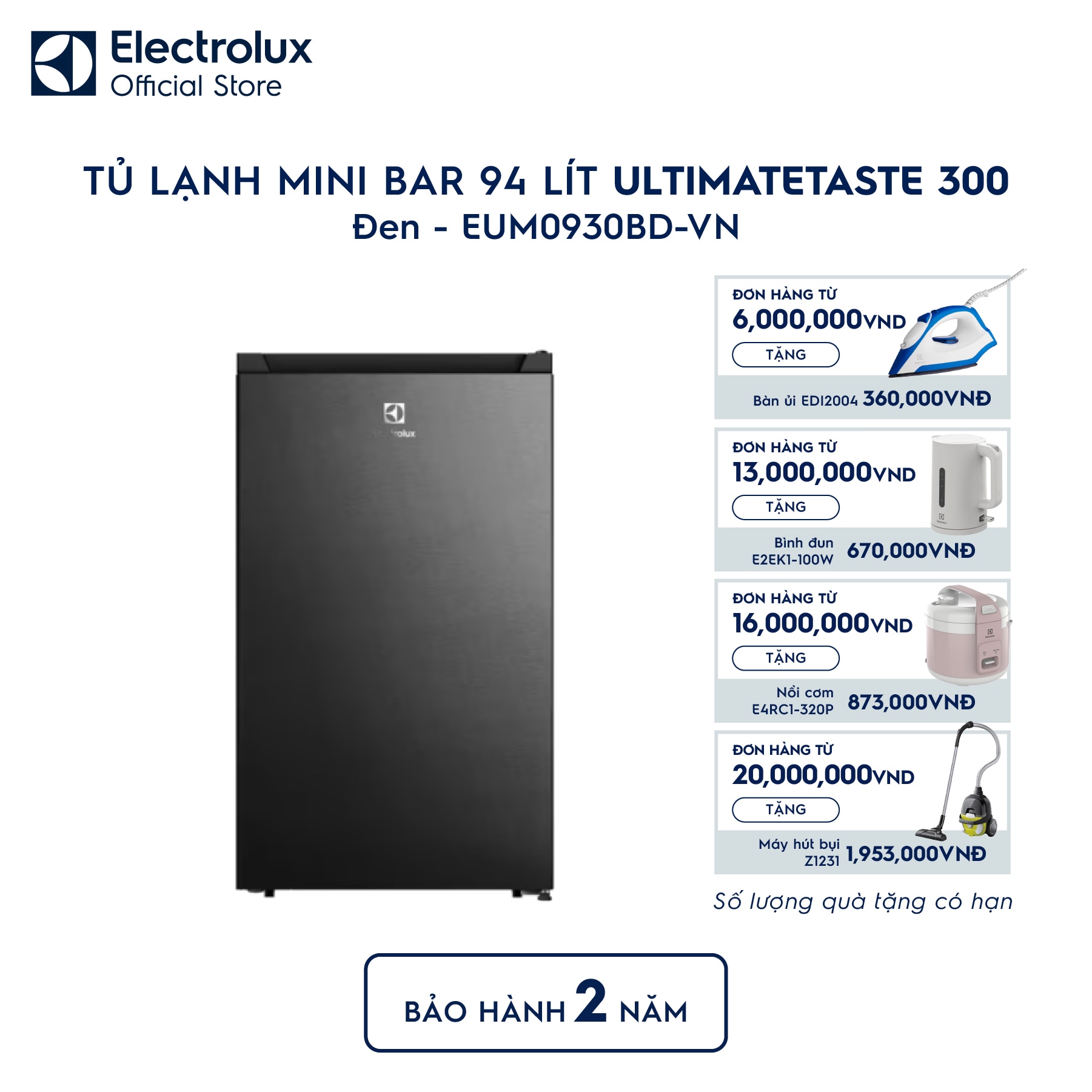 eum0930bd-0 Tủ lạnh Electrolux mini 94L UltimateTaste 300 Đen nhám EUM0930BD Electrolux