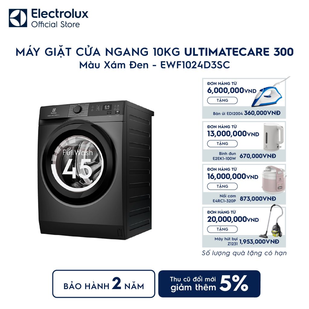 Máy giặt cửa ngang Electrolux 10kg UltimateCare 300 xám đen EWF1024D3SC Electrolux
